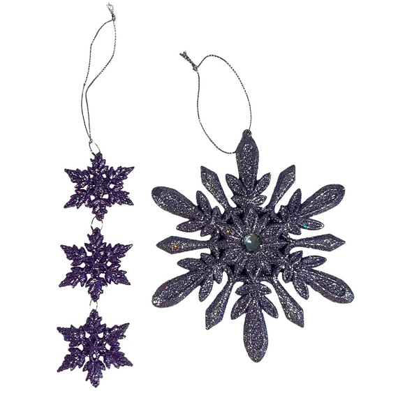Set of 2 Sparkly Purple Snowflake Glitter Christmas Ornaments - Picture 1 of 6